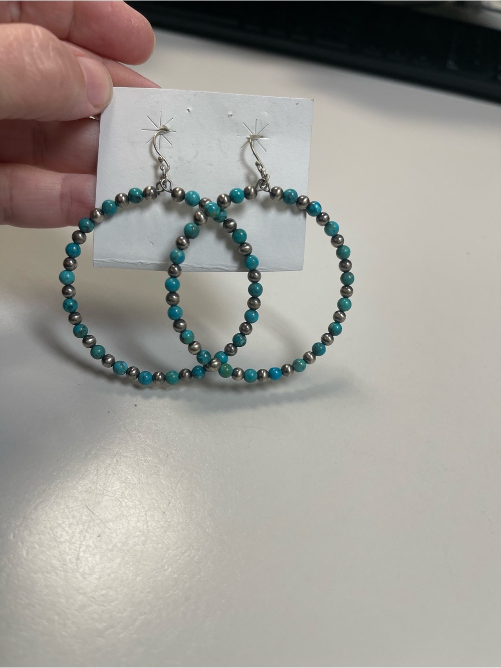 Native American Sterling silver and Turquoise Beaded Hoop Earrings